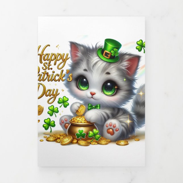 Festiva Tríptica Tarjeta Cute St Patrick's Day con Kitty (Foto de portada)