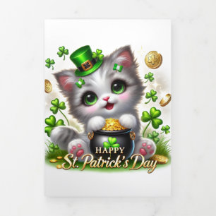 Festiva Tríptica Tarjeta Cute St Patrick's Day con Kitty