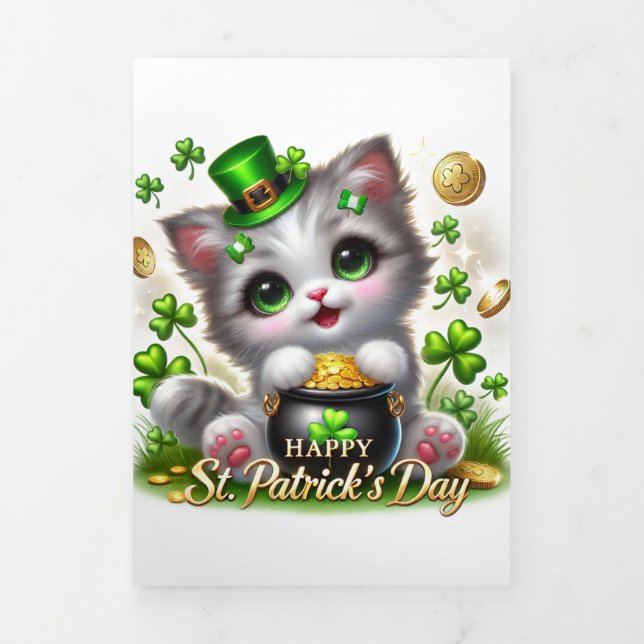 Festiva Tríptica Tarjeta Cute St Patrick's Day con Kitty (Foto de portada)