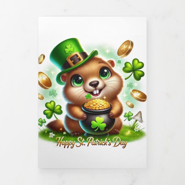 Festiva Tríptica Tarjeta Cute St Patrick's Day con Marmot (Foto de portada)