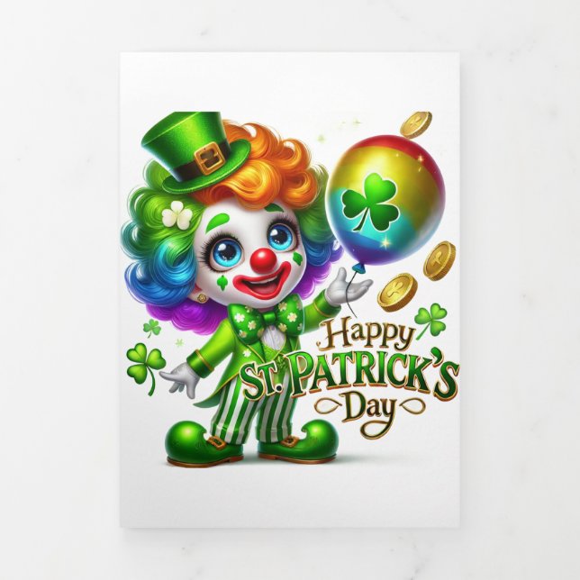Festiva Tríptica Tarjeta Cute St Patrick's Day con Payaso (Foto de portada)