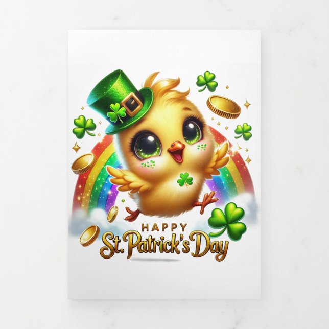 Festiva Tríptica Tarjeta Cute St Patrick's Day con pollo (Foto de portada)
