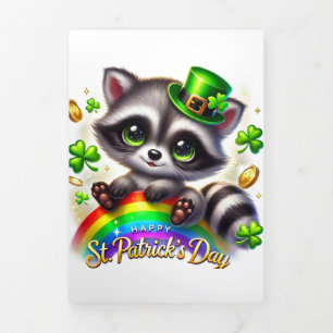 Festiva Tríptica Tarjeta Cute St Patrick's Day con Raccoon