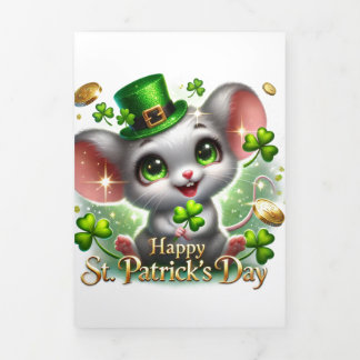 Festiva Tríptica Tarjeta Cute St Patrick's Day con ratón festivo