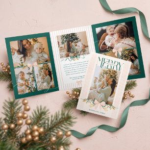 Festiva Tríptica Tarjeta de Navidad elegante con lazo rosa y verde