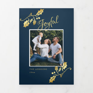 Festiva Tríptica Tarjeta triple de vacaciones azul y dorada