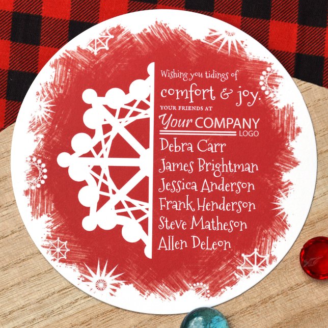 Festiva Única tarjeta de vacaciones en blanco, rojo y turq (Round Red White Snowflake Company Holiday Christmas Greeting Card for Red Logo Company Colors)