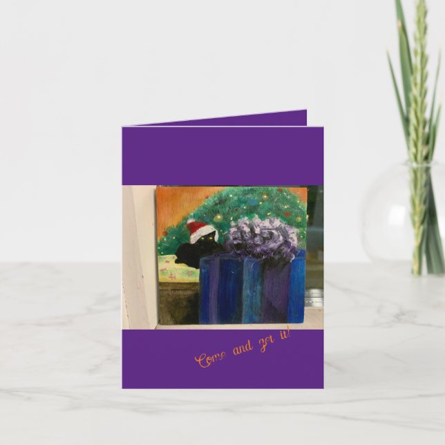 Festiva ¡Ven a buscarlo! Navidades Tarjeta para gato negro (Anverso)