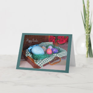 Festiva Vieja tarjeta de cesta de moda de Pascua con huevo