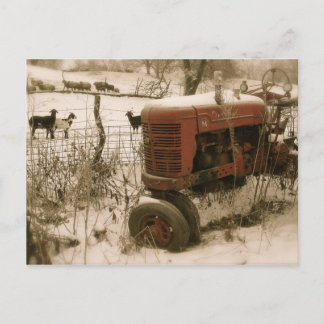 Festiva Viejo Tractor rojo con postal de Navidades de cabr