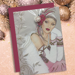 Festiva Vintage Art Deco Lady Navidades Tarjeta de vacacio