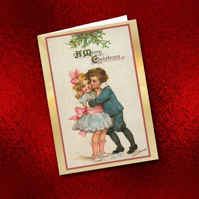 Festiva Vintage Christmas Kiss Mistletoe tarjeta de felici (Subido por el creador)