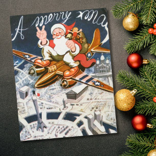 Festiva Vintage Christmas WW2 Santa en la tarjeta de vacac
