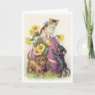 Festiva Vintage Easter Kitten y Puppies Tarjeta de felicit