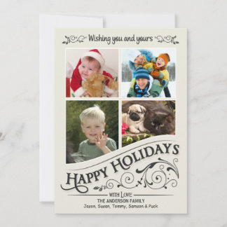 Festiva Vintage Happy Holidays Tarjeta plana de 4 fotos