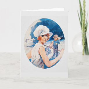 Festiva Vintage Woman Golfer Watercolor Tarjeta de felicit
