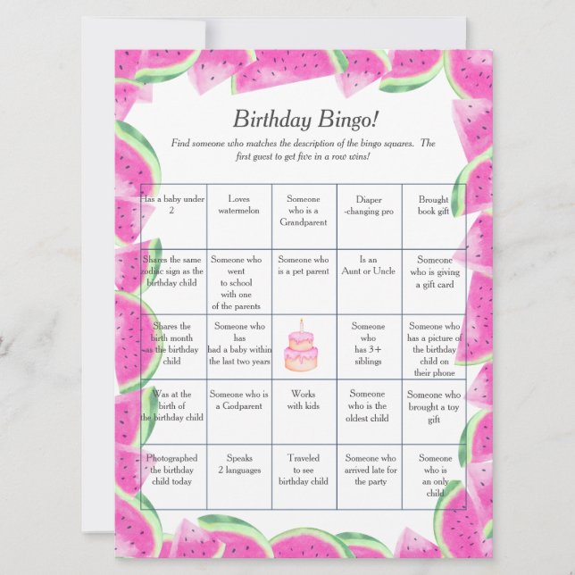 Festiva Watermelon Birthday Buscar tarjeta de juego de Bin (Anverso)