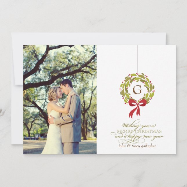 Festiva Wreath monogramada - Tarjeta fotográfica de vacaci (Anverso)