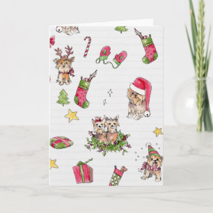 Festiva Yorkies con tarjeta de Navidades
