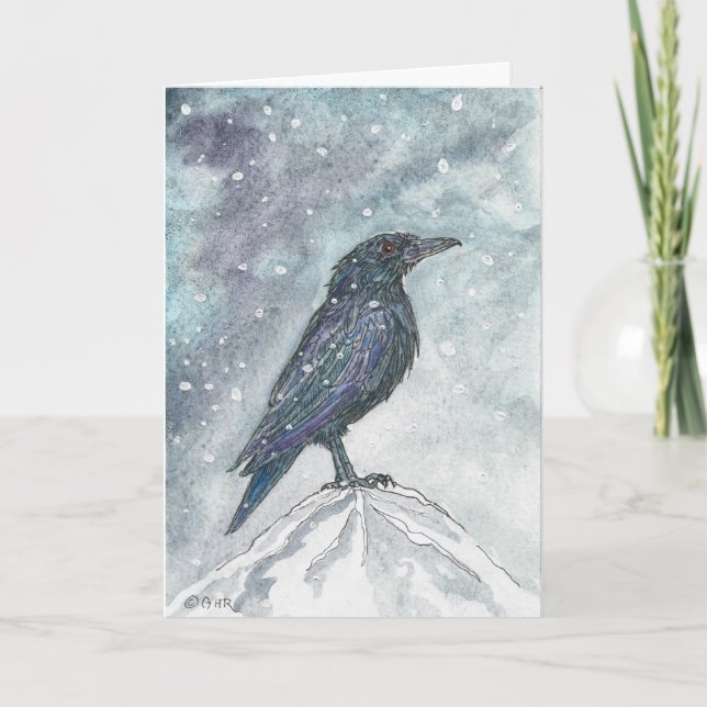 Festiva Yule Raven en tarjeta de nieve - revisada (Anverso)