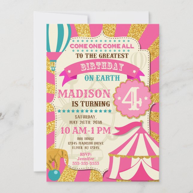 Festival de invitaciones de cumpleaños Pink Gold (Anverso)