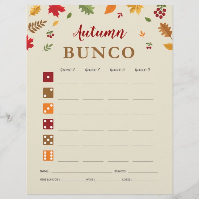 Festival de Otoño Fiesta Bunco Tarjeta de puntuaci (Anverso)