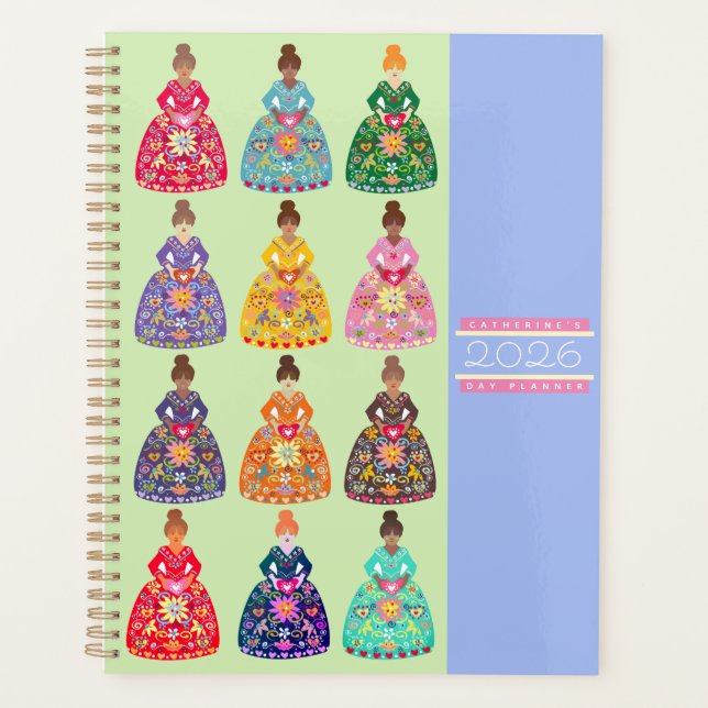 Festive Folk Art Ladies Agenda Mint Green 2026 (Anverso)
