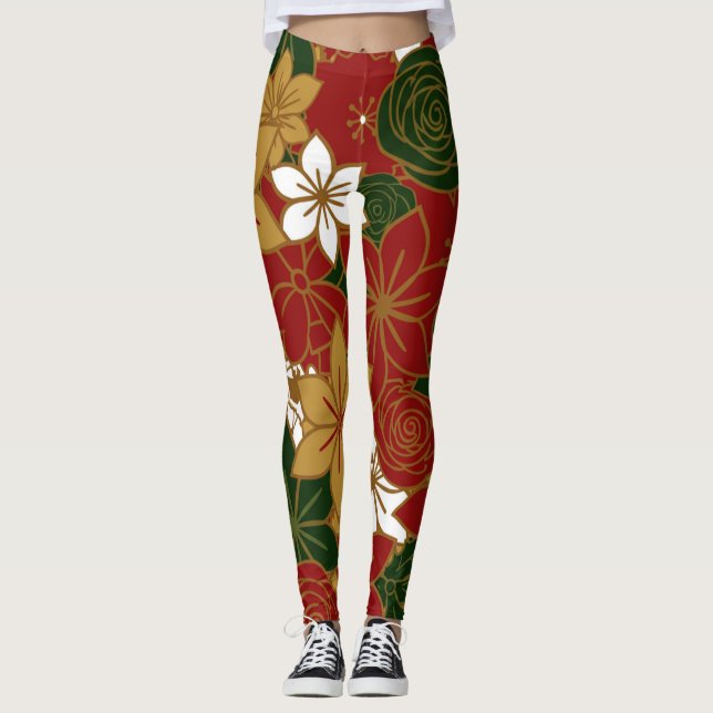 Festive Poinsettia Christmas Floral Leggings (Anverso)