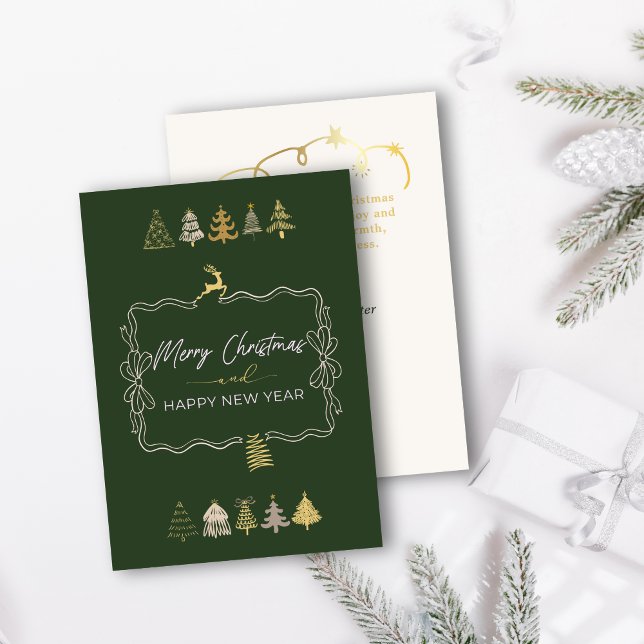 Festividad Bow & Moda Árboles Doodle Tarjeta de va (Festive Bow & Chic Trees Doodle Green Holiday Card)