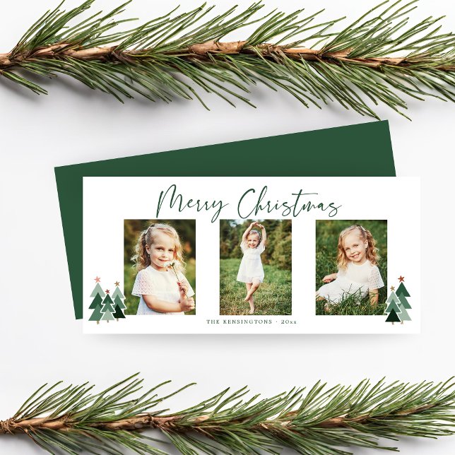 Festividad de árboles navideños rústicos modernos  (Rustic Modern Christmas Trees Holiday 3 Photo Card)
