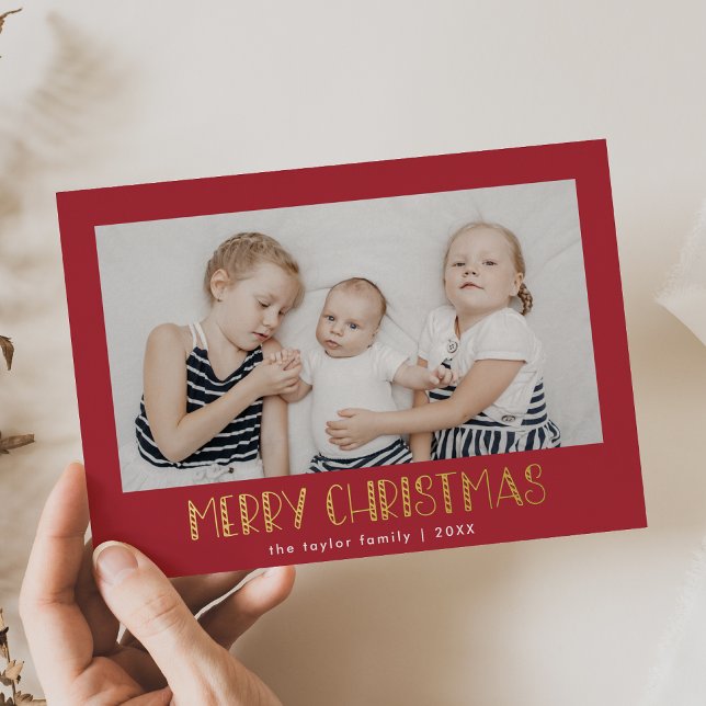 Festividad de la foto del Relieve metalizado dorad (LUCY Red Gold Foil Photo Festive Merry Christmas Foil Holiday Card)