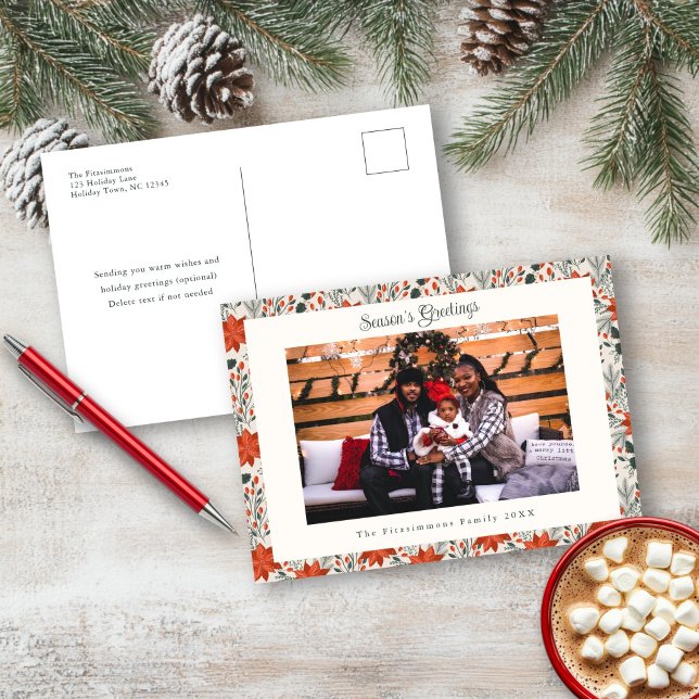 Festividad de la tarjeta postal de fotografía de l (Poinsettia Season Photo Christmas Postcard white)