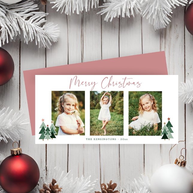 Festividad de Navidades verdes rosados modernos 3  (Modern Pink Green Christmas Holiday 3 Photo Card)