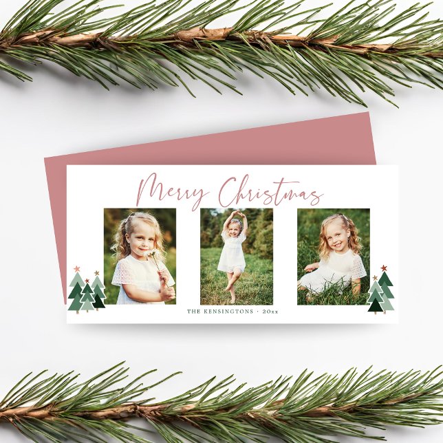 Festividad de Navidades verdes rosados modernos 3  (Modern Pink Green Christmas Holiday 3 Photo Card)