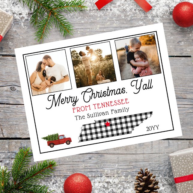 Festividad de Rústica Feliz Navidad Tennessee (Rustic "Merry Christmas Y'all from Tennessee" Three Photo and State Holiday Postcard)