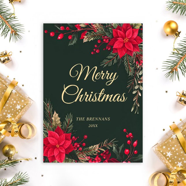 Festividad del Oro Verde Rojo y Verde navidad (Christmas Greenery Red Green Gold Festive Holiday Card)