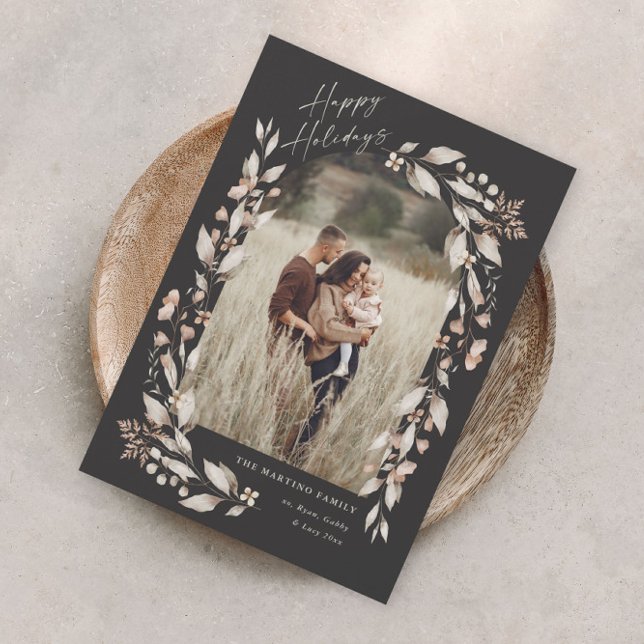Festividad en el Arco de Flores Silvestres de Boho (Boho wildflower arch photo magnetic holiday card with elegant script and hand painted foliage.)
