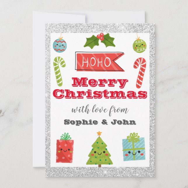 Festividad Feliz Navidad Purpurina de Plata Roja (Anverso)