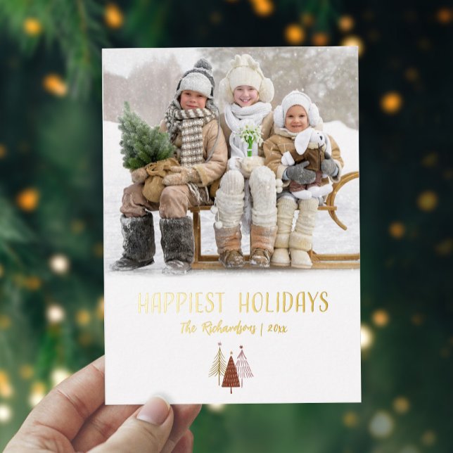 Festividad más feliz foto oro elegante personaliza (Happiest Holidays Photo Personalized Elegant Gold Foil Holiday Card)