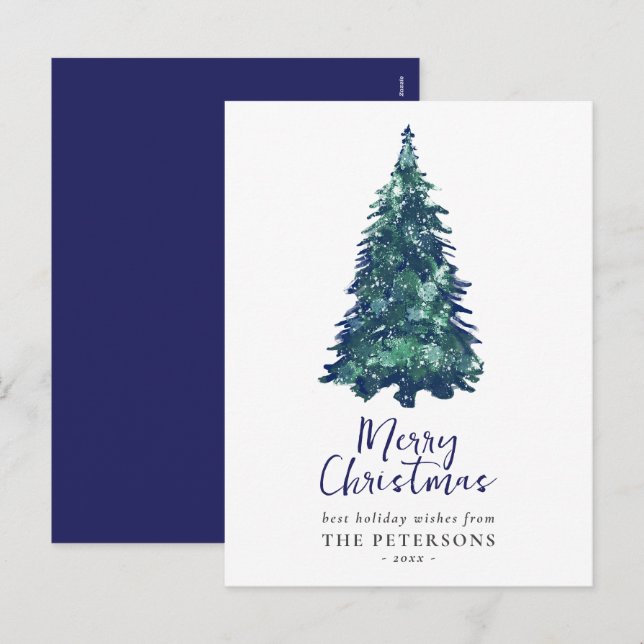 Festividad moderna árbol de Navidad azul y nevado (Anverso / Reverso)