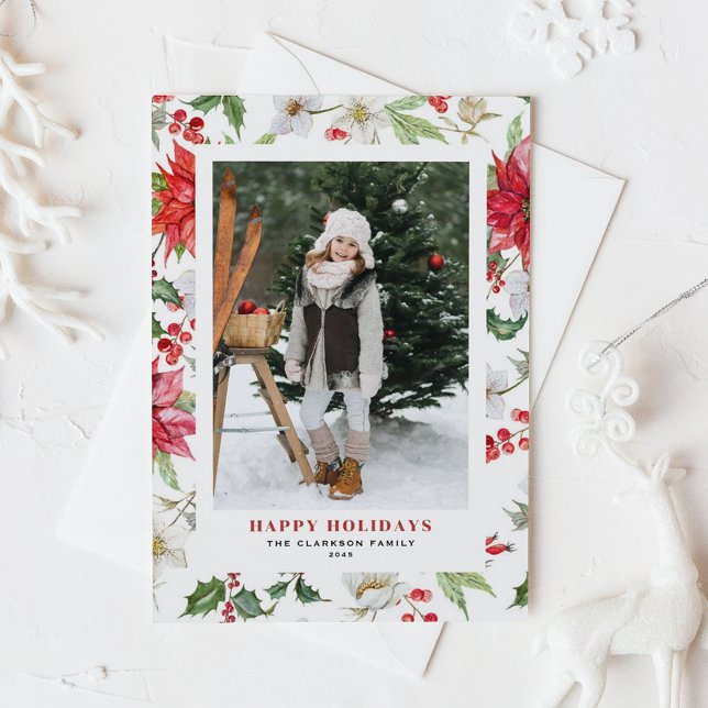 Festividad Navidad Flores de Invierno Foto (Festive Winter Flowers Pattern Black Photo Happy Holidays Postcard)