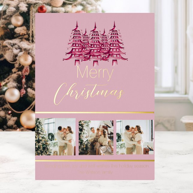 Festividad Navidades rojos polvorientos Relieve me (Festive Dusty pink red Christmas Pagoda Tree Foil Foil Holiday Card)