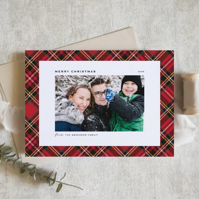 Festividad Patrón de cobijo rojo Fantástico Fotos  (Festive Red Tartan Plaid Pattern Merry Christmas Photo Holiday Card)