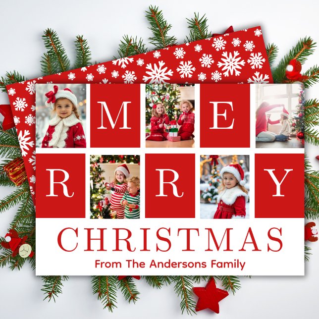 Festividad Roja y Blanca Feliz Navidad Cinco Fotos (Red & White Festive Merry Christmas Five Photos Holiday Card)