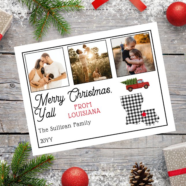 Festividad Rusa de Feliz Navidad en Luisiana (Rustic "Merry Christmas Y'all from Louisiana" Three Photo and State Holiday Postcard)
