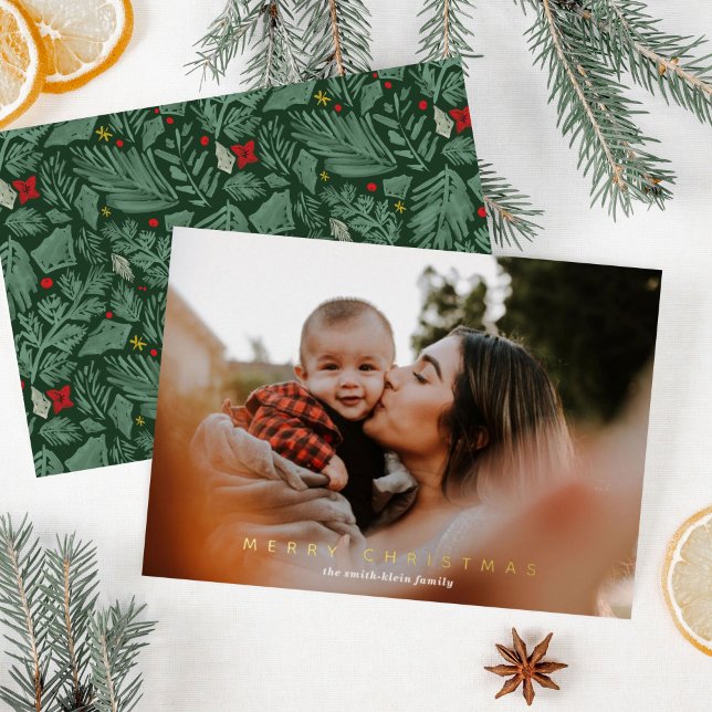 Festividad Verde Foto Botánica Oro (Gold foil Merry Christmas photo holiday card with festive botanical pattern on back.)