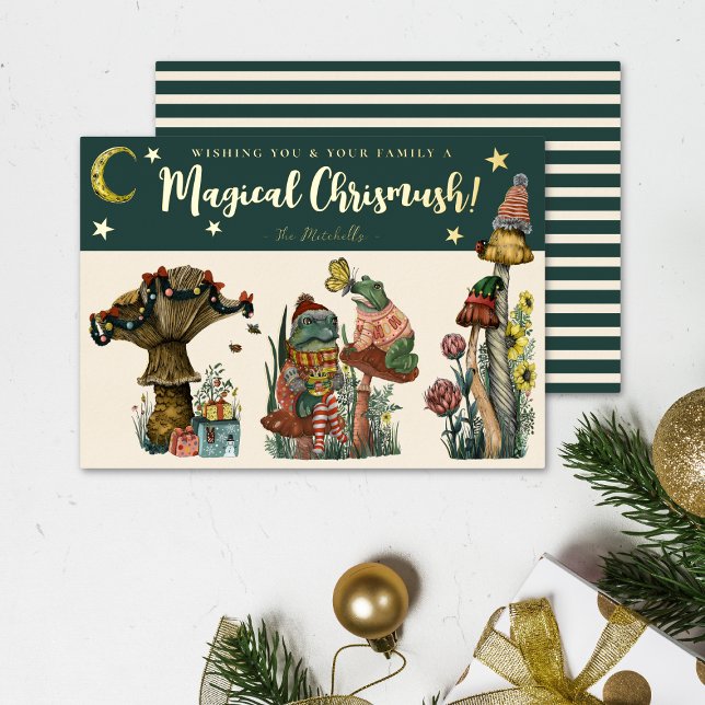 Festividad Verde Magnífico hongo Feliz Navidad par (Whimsical green and gold mushroom and frog christmas cards)