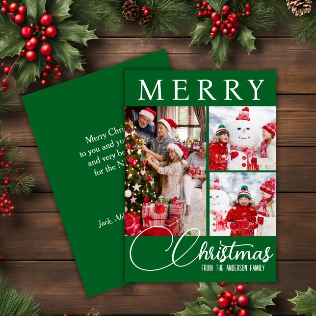 Festividad Verde y Blanca Feliz Navidad Tres Fotog (Festive Green & White Merry Christmas Three Photo Holiday Card)