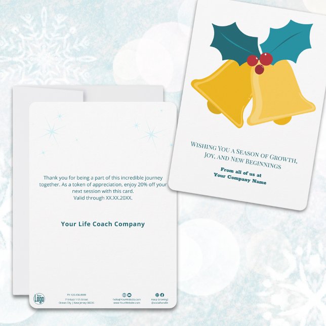 Festividades Navidades Bells y Bay dejan tarjeta d (Festive Christmas Bells & Bay Leaves Holiday Card, Seasonal Business Greetings)