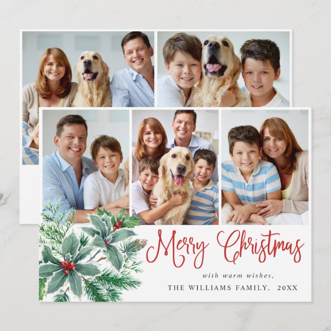 Festivo Bayas de Acebo 5 FOTO Tarjeta de Navidad (Anverso / Reverso)